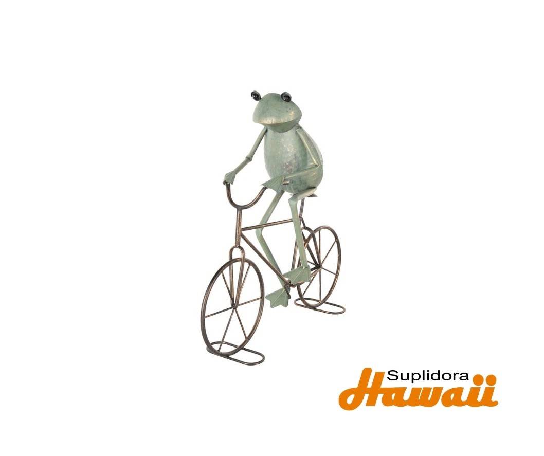RANA EN BICICLETA DE METAL VERDE 16939 CON DORADO 19W 19H