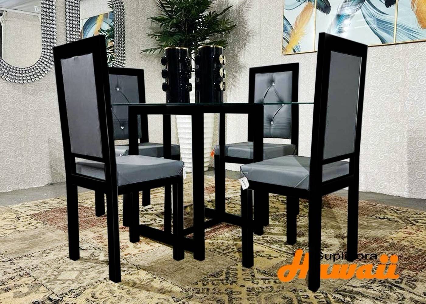 COMEDOR CONTEMPORANEO NEGRO 4S TAPIZADO GRIS