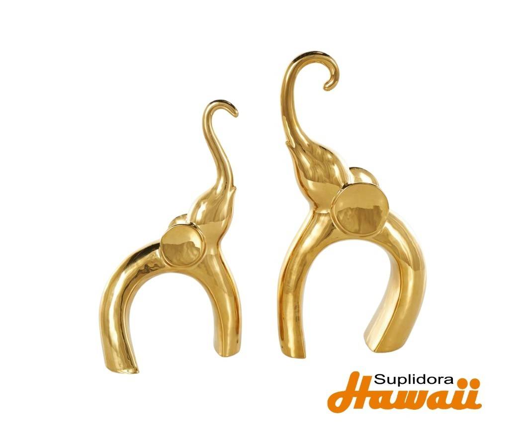 ELEFANTE CON ARCO S2 aRECORTADO 15272 EN CERAMICA DORADA 13 11H