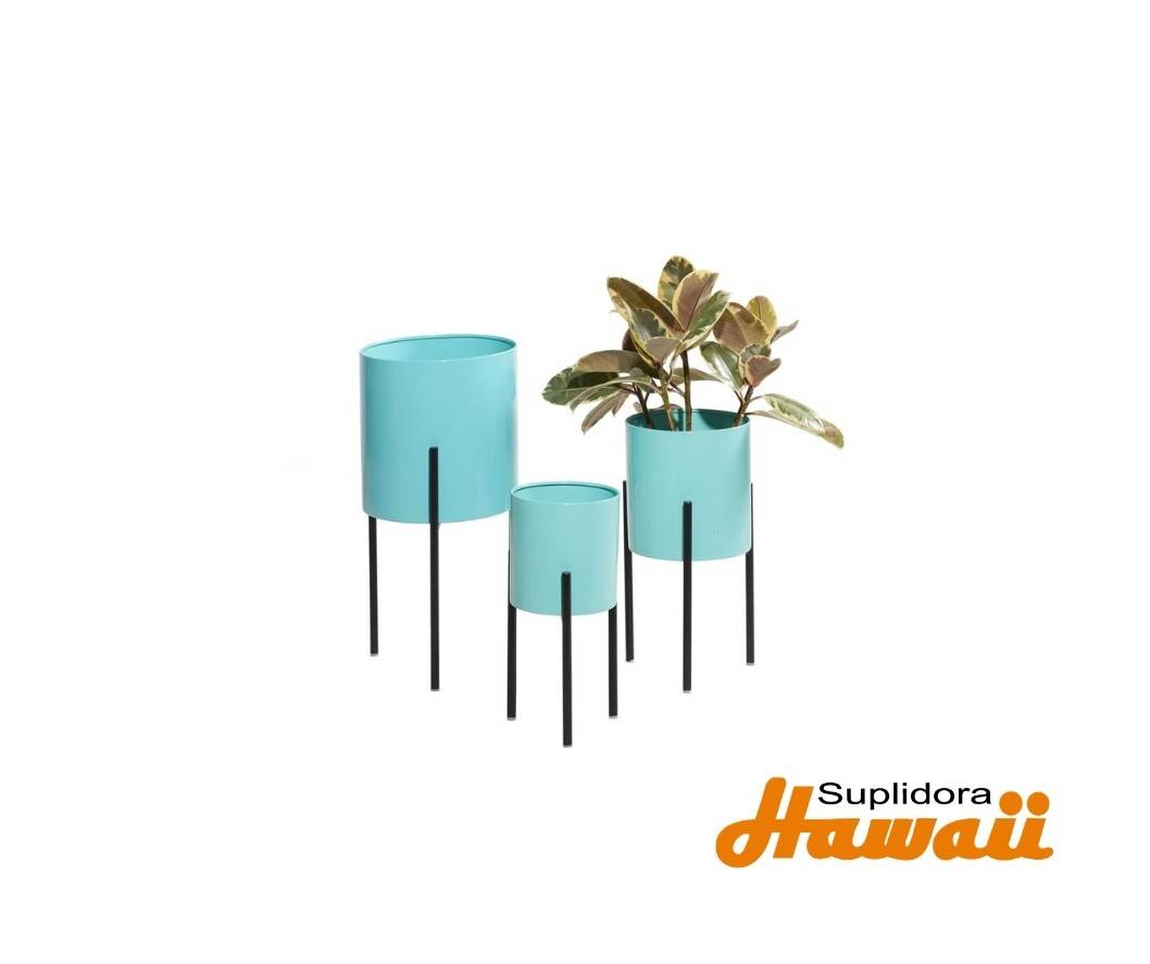 MACETERO MINIMALISTA S3 DE METAL 51977 VERDE AZULADO CON SOPORTE NEGRO 14 18H