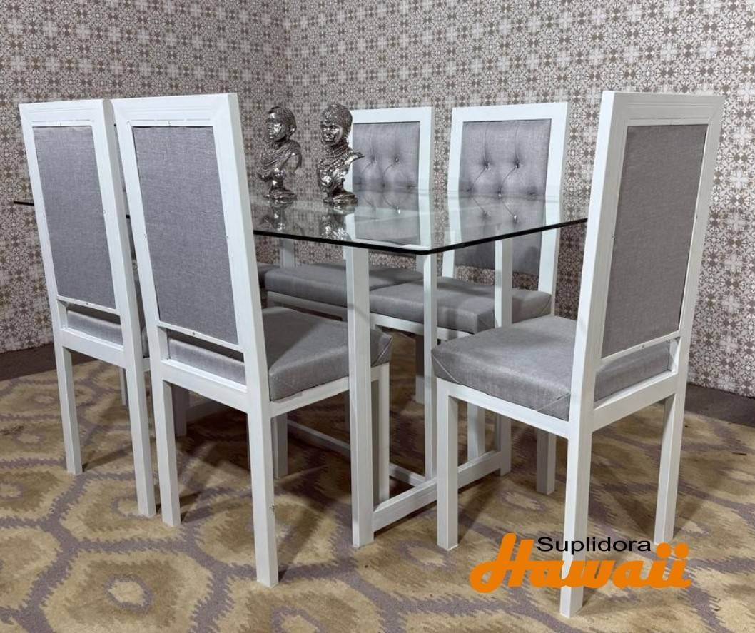 COMEDOR CONTEMPORANEO BLANCO 6S TCRISTAL TAPIZGRIS
