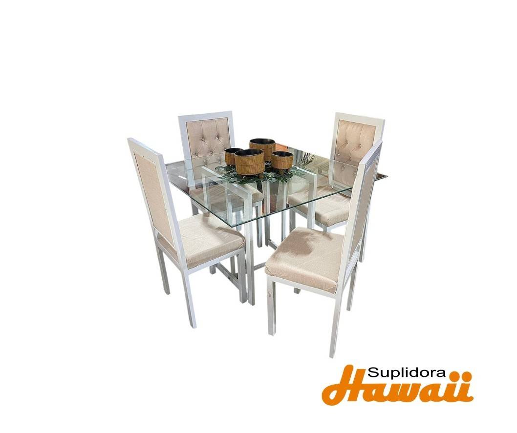 COMEDOR CONTEMPORANEO BLANCO TCRISTAL TAPIZ CREMA 4S
