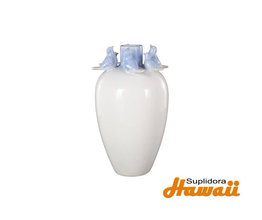 JARRON EN CERAMICA BLANCA 17324 CON PAJAROS AZULES 8W 13H