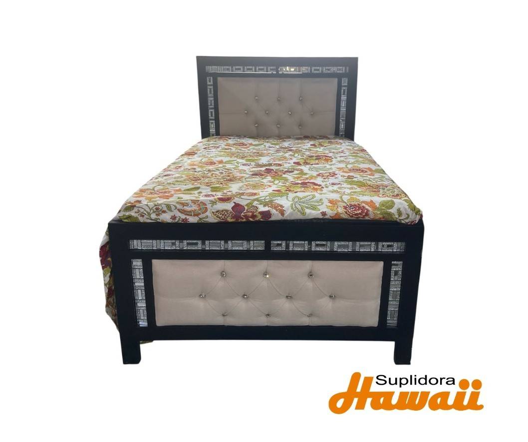 CAMA LESLIE TAPIZADA NEGRA EN 54 TAPIZ CREMA