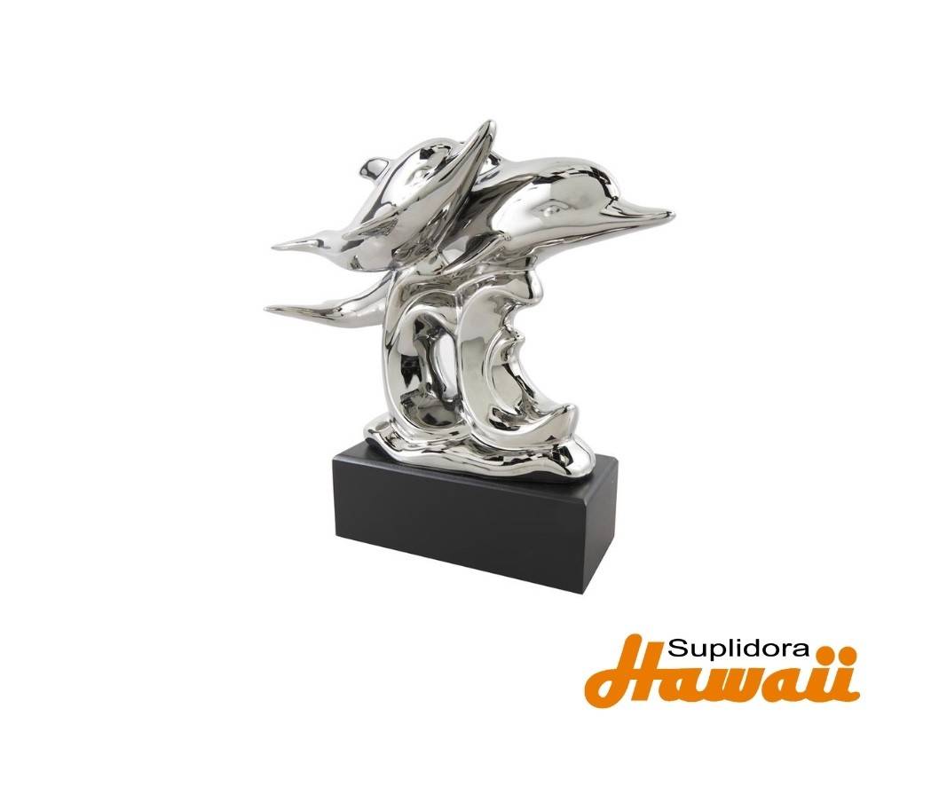 ESCULTURA DE DELFINES DE CERAMICA 89087 DORADA 10W 9H
