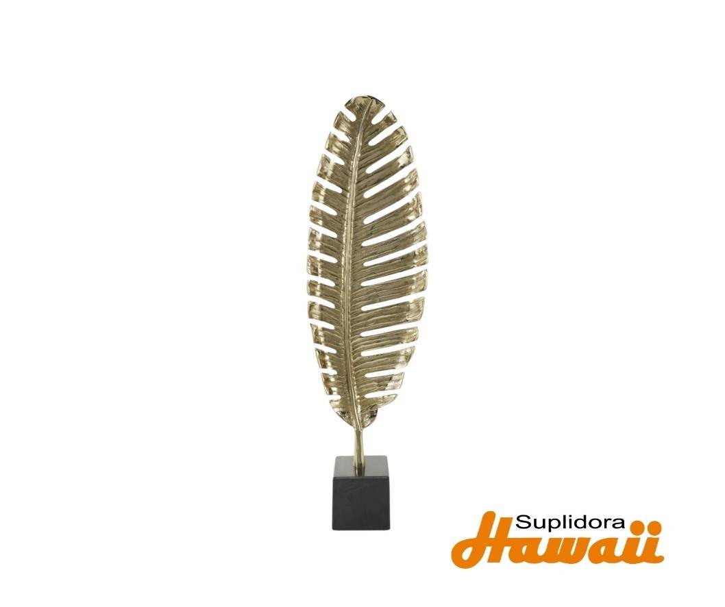 ESCULTURA DE HOJA EN ALUMINIO a58092 DORADO CON BASE EN MARMOL NEGRO 9W 30H