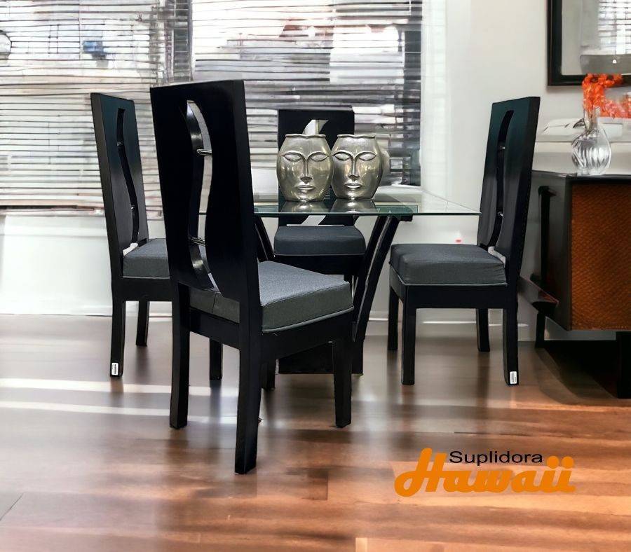 COMEDOR TIPO S NEGRO TCRISTAL 4S TAPIZGRIS OSCURO CM