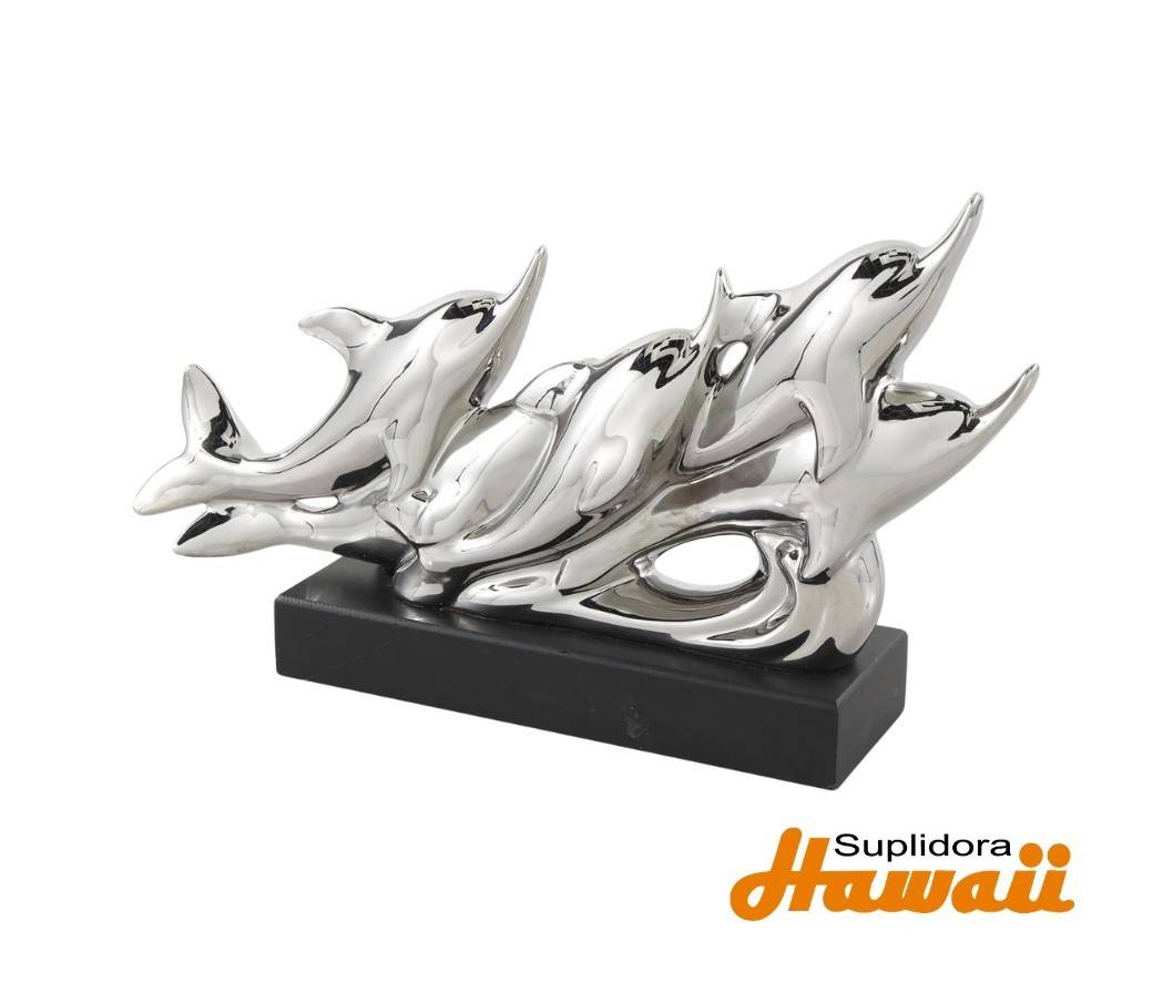 ESCULTURA DE DELFIN DE CERAMICA 89066 PLATEADA 15W 9H