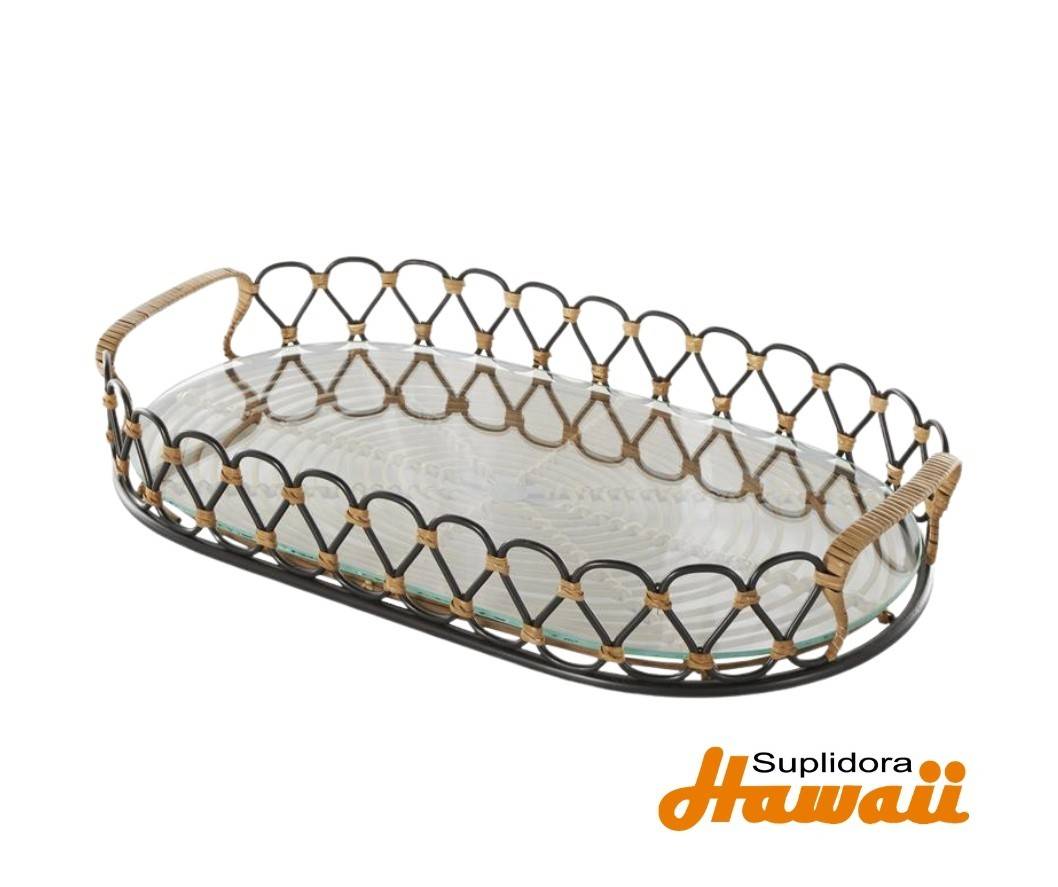 BANDEJA CIRCULAR DECORATIVA TEJIDA 13414 EN METAL NEGRO BASE DCRISTAL 22W 4H