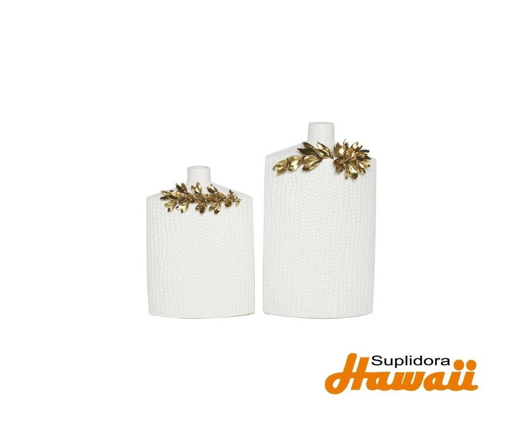 JARRON BLANCO S2 CON APLIQUE DE 71485 HOJAS DORADA EN CERAMICA 16 12H