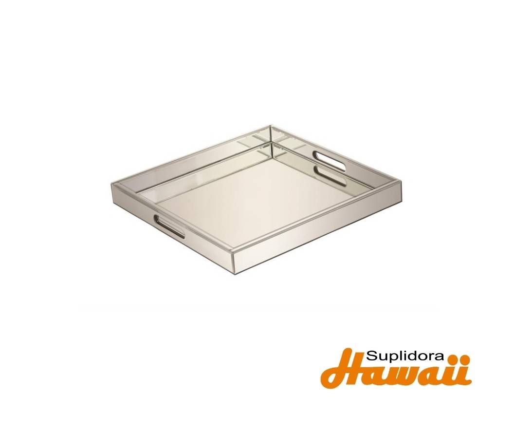 BANDEJA DECORATIVA DE MADERA 87317 PLATEADA CON ESPEJO 2W 2H