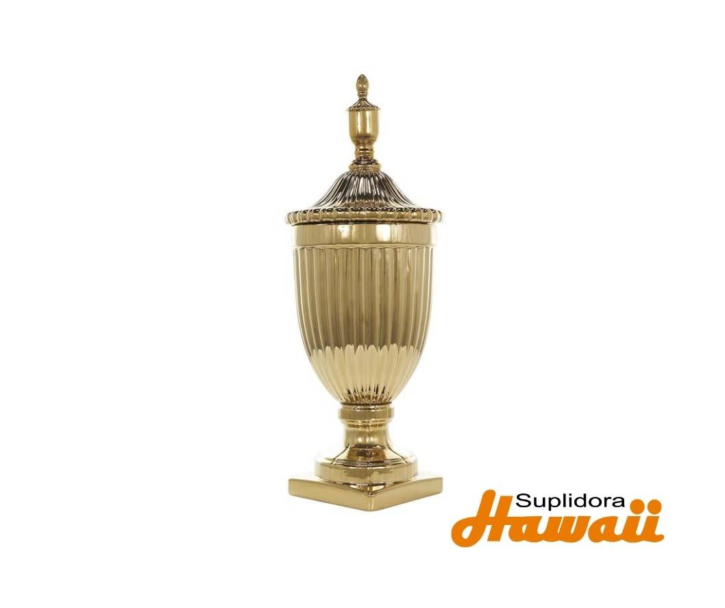 JARRON DECORATIVO CON RANURAS 90688 Y TAPA DE CERAMICA DORADA 10W 25H