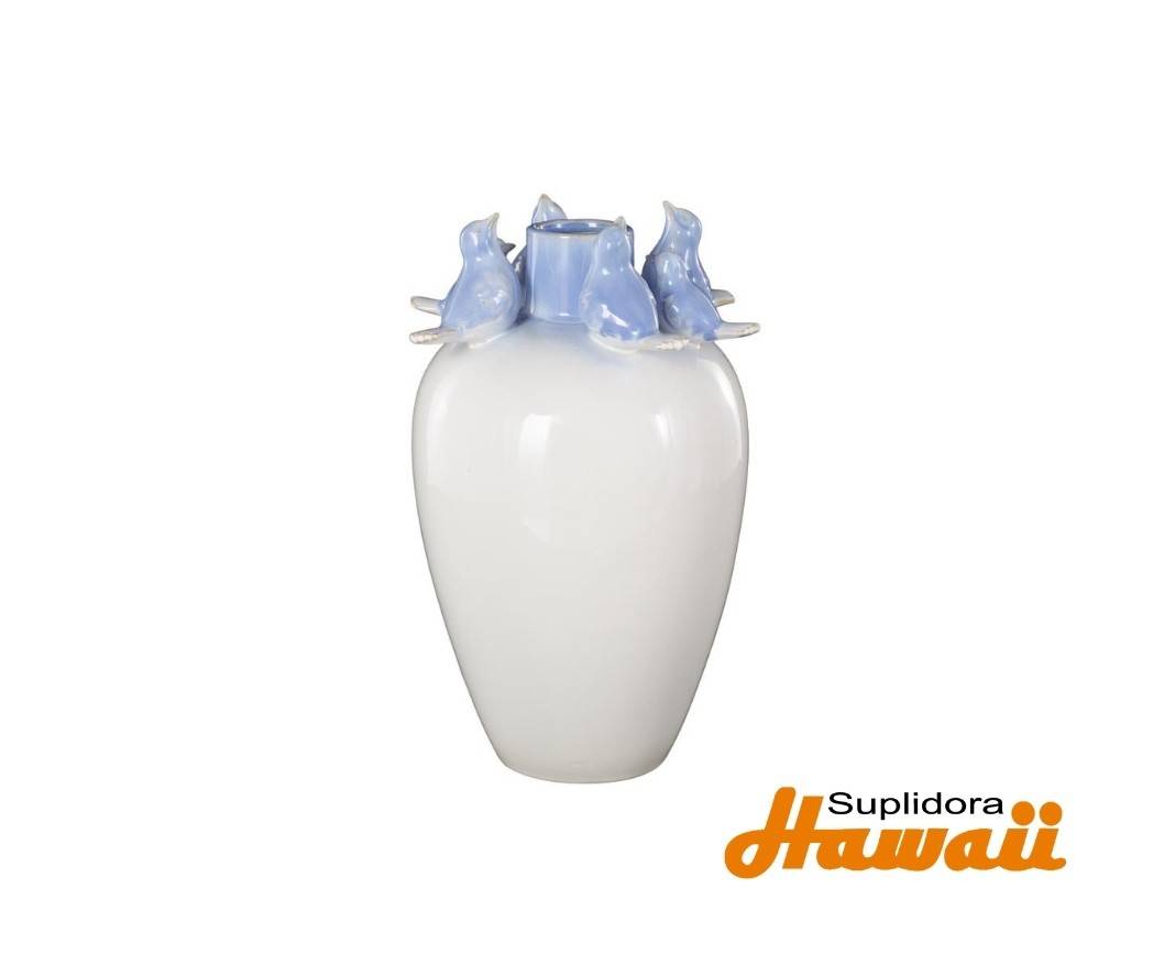 JARRON CERAMICA BLANCA CON PAJAROS 17338 AZULES 8W 13H