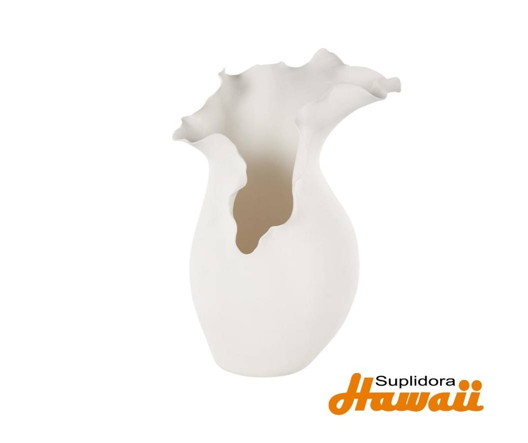 JARRON ABSTRACTO C BORDE FLORAL 14805 ONDULADO EN CERAMICA BLANCA 9H 15H