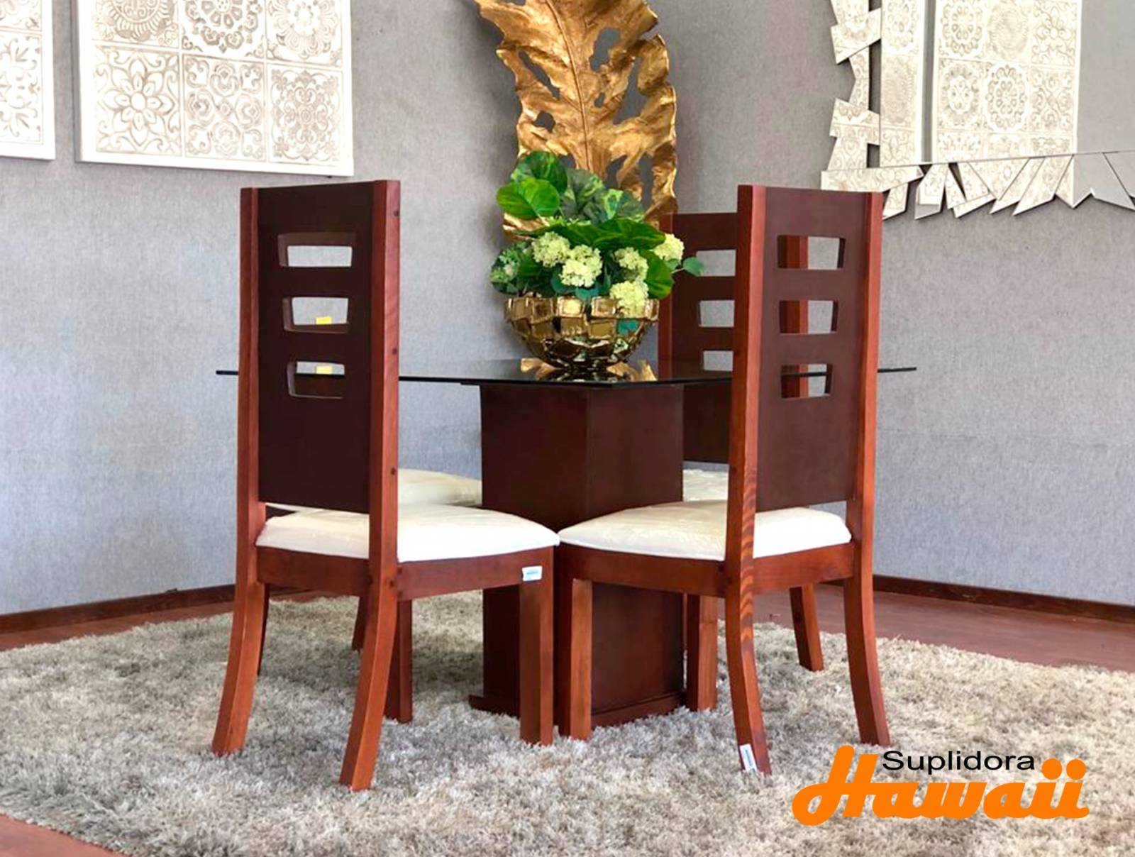 COMEDOR ARIEL EN PINO COLOR CAOBA 4S TAPIZBLANCO AM