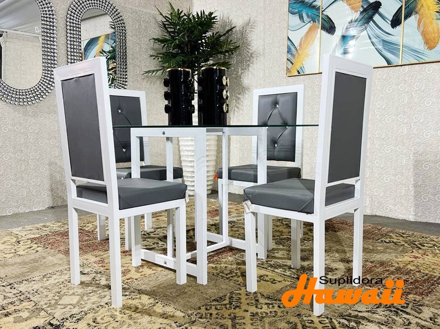 COMEDOR CONTEMPORANEO BLANCO TCRISTAL 4S TAPIZGRIS EN TERCIOPELO