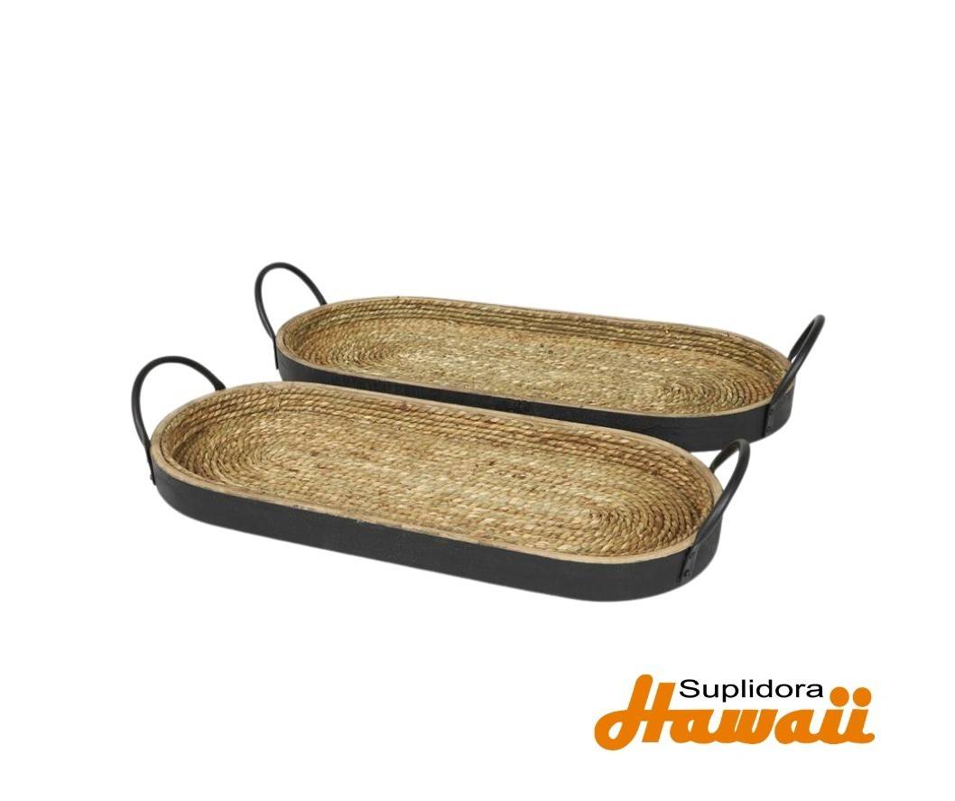 BANDEJA DECORATIVA OVALADA S2 15061 NEGRO MATE aEN MADERA NATURAL 23 8W